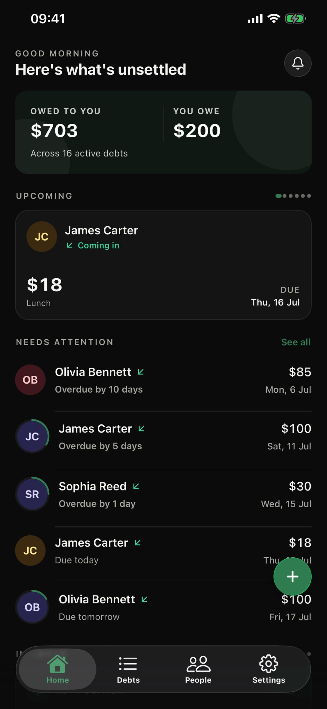 Owwed home screen in dark mode showing outstanding balances and upcoming debts