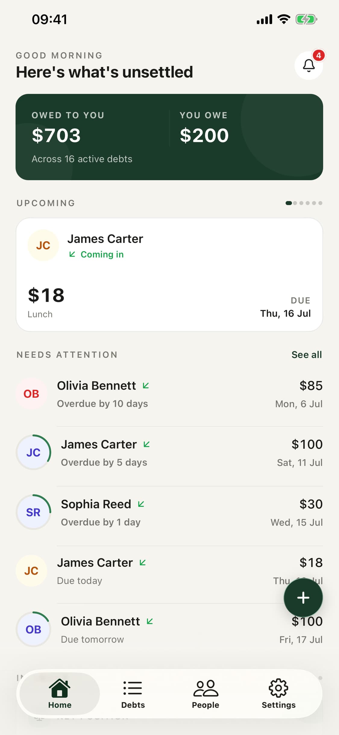 Owwed home screen showing outstanding balances and upcoming debts
